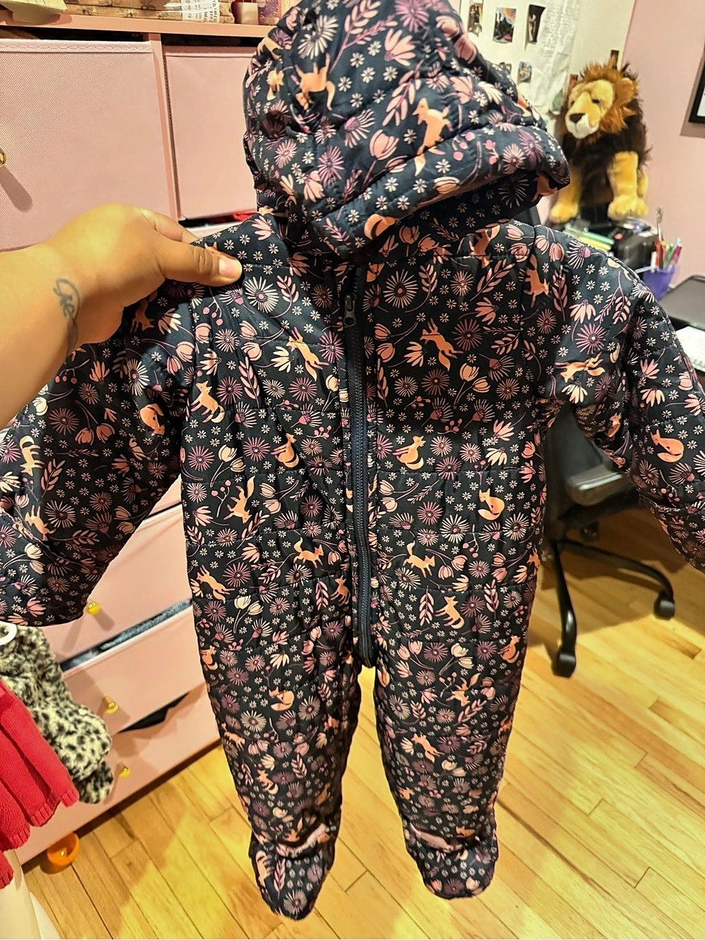 First Impressions Floral Hooded Footie in Blue & Pink